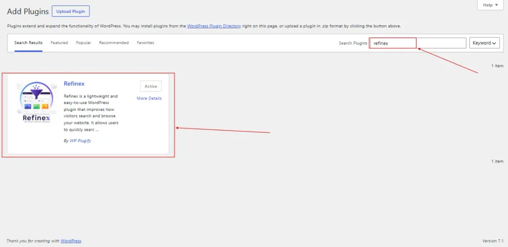 installing Refinex via wordpress